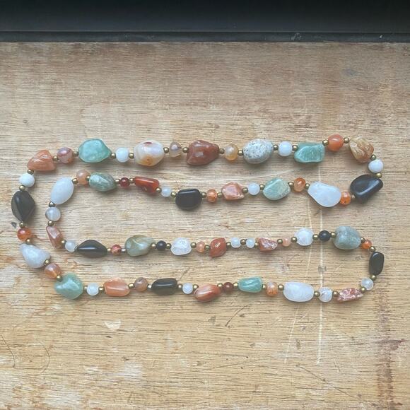 Chunky Earth’s Palette Crystal Gemstone Vintage Necklace Agate Jasper Quartz 32” - Picture 2 of 6